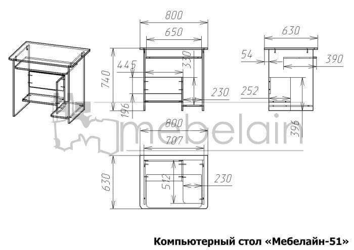 размеры компьютерного стола Мебелайн-51 размеры компьютерного стола Мебелайн-51